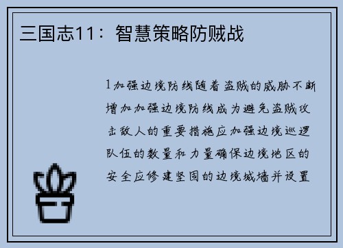 三国志11：智慧策略防贼战