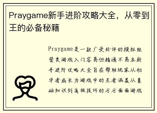 Praygame新手进阶攻略大全，从零到王的必备秘籍